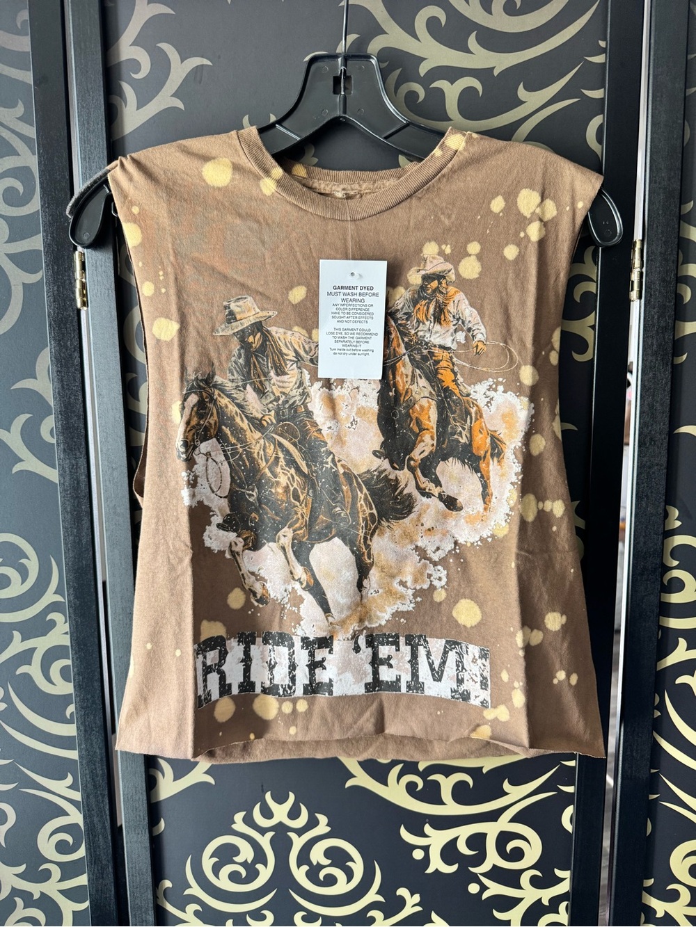 Fashion Nova Brown Graphic Muscle Tee with Yellow Splatter